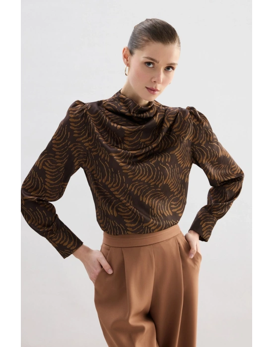 Drape Detaylı Desenli Bluz - Kahve
