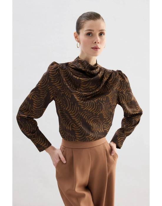 Drape Detaylı Desenli Bluz - Kahve