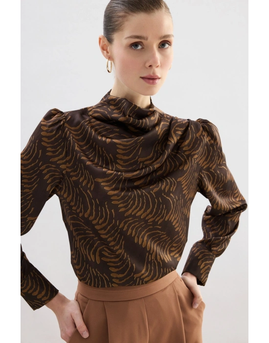 Drape Detaylı Desenli Bluz - Kahve