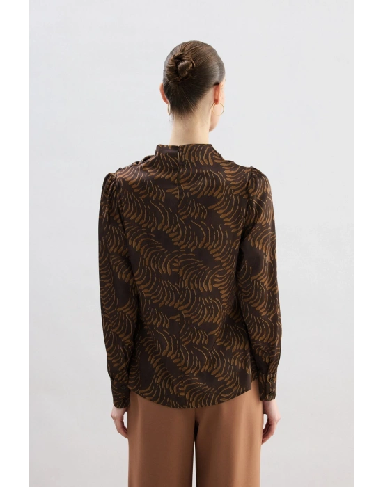 Drape Detaylı Desenli Bluz - Kahve