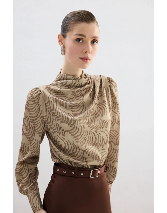 Drape Detaylı Desenli Bluz - Vizon