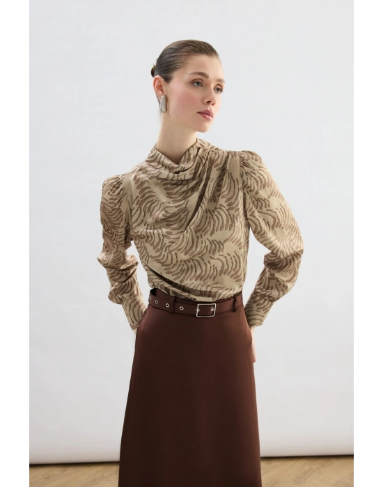 Drape Detaylı Desenli Bluz - Vizon