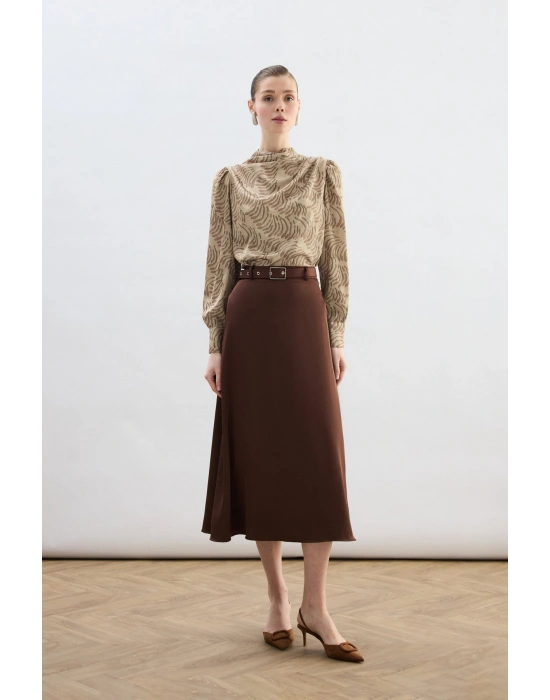 Drape Detaylı Desenli Bluz - Vizon