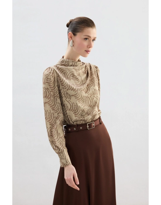 Drape Detaylı Desenli Bluz - Vizon