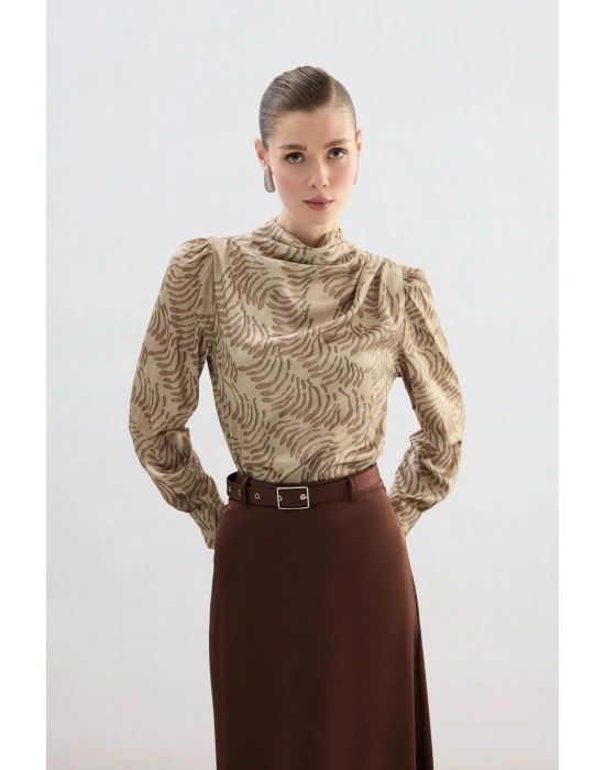 Drape Detaylı Desenli Bluz - Vizon