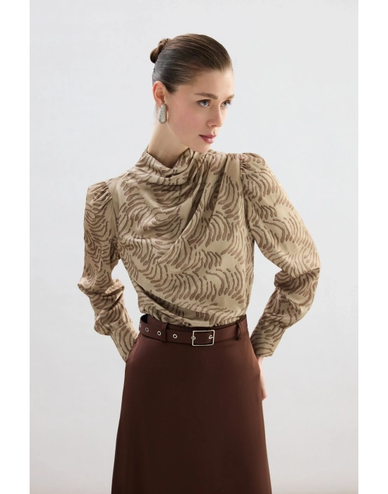 Drape Detaylı Desenli Bluz - Vizon
