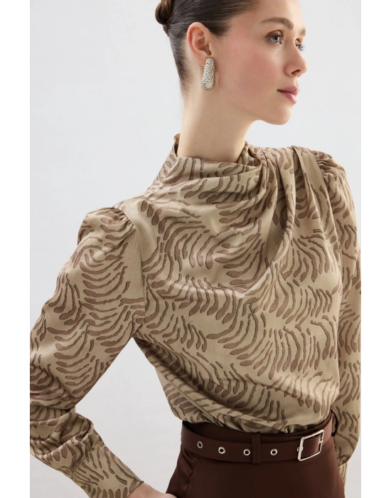 Drape Detaylı Desenli Bluz - Vizon
