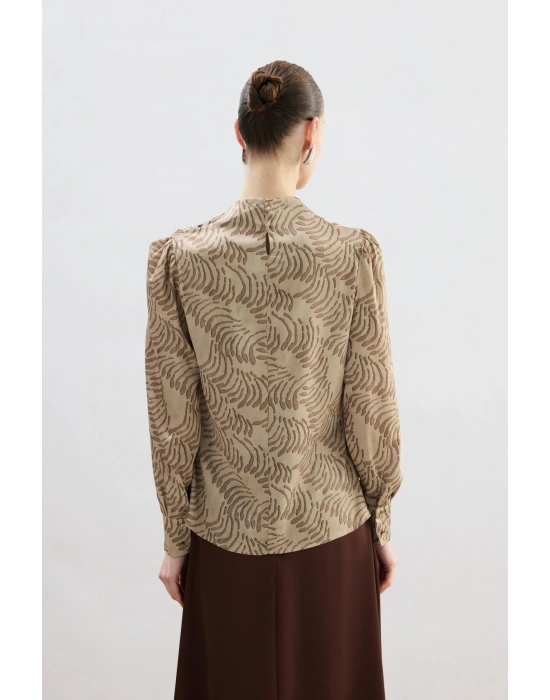 Drape Detaylı Desenli Bluz - Vizon