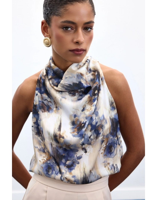 Drapeli Halter Yaka Desenli Bluz - İndigo