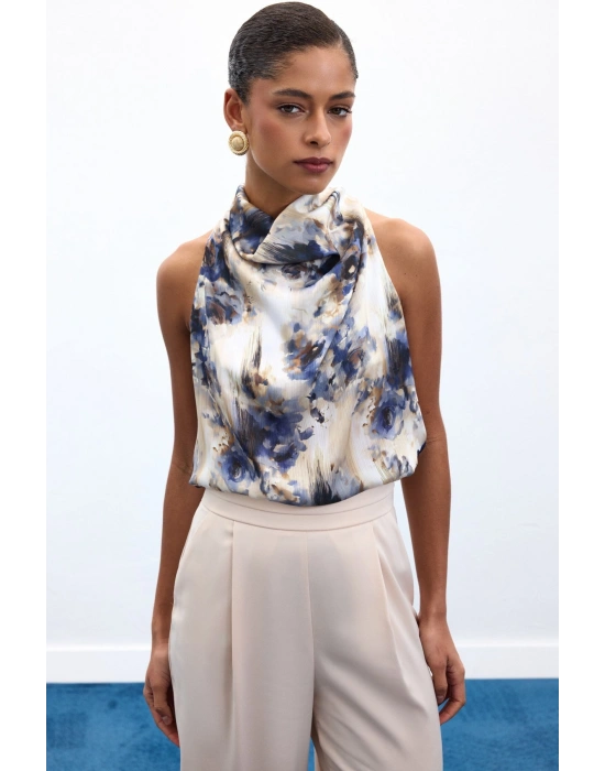 Drapeli Halter Yaka Desenli Bluz - İndigo
