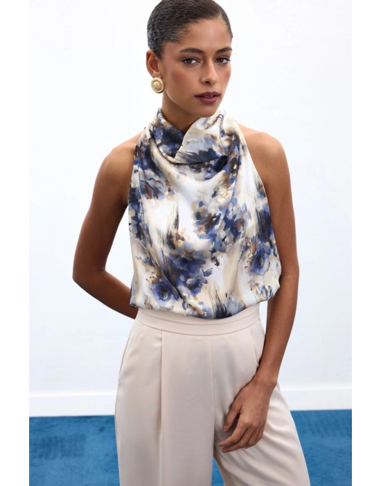 Drapeli Halter Yaka Desenli Bluz - İndigo