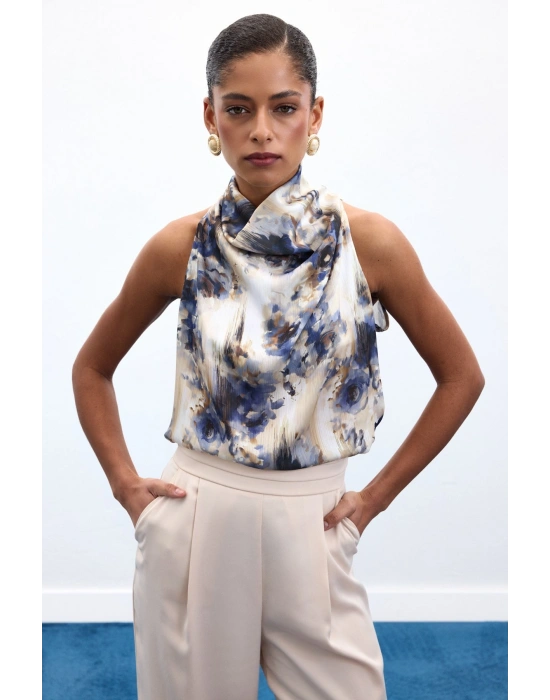 Drapeli Halter Yaka Desenli Bluz - İndigo