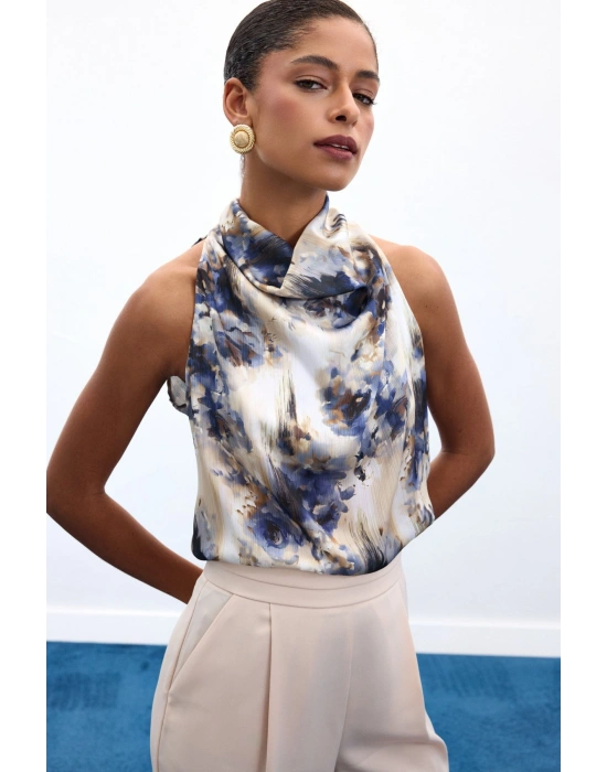 Drapeli Halter Yaka Desenli Bluz - İndigo