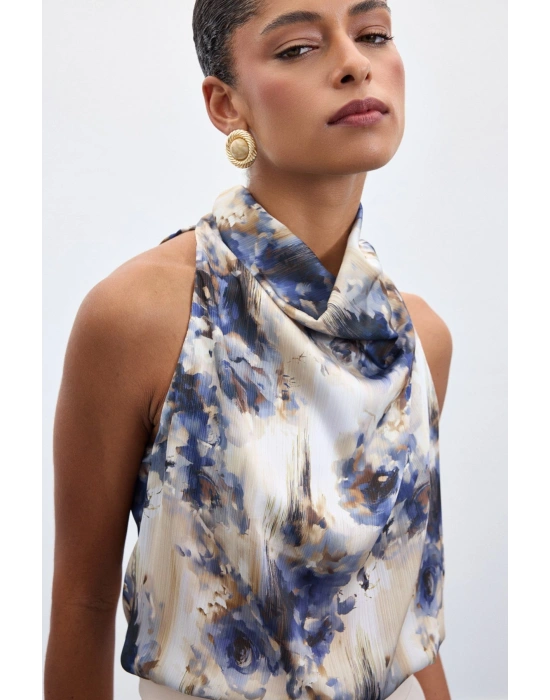 Drapeli Halter Yaka Desenli Bluz - İndigo