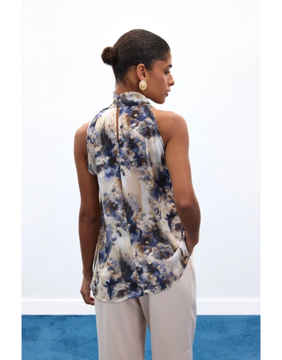 Drapeli Halter Yaka Desenli Bluz - İndigo