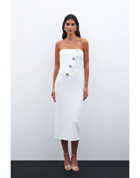 Düğme Aksesuarlı Straplez Elbise - Ekru