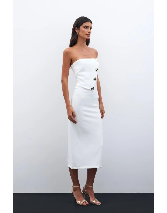 Düğme Aksesuarlı Straplez Elbise - Ekru