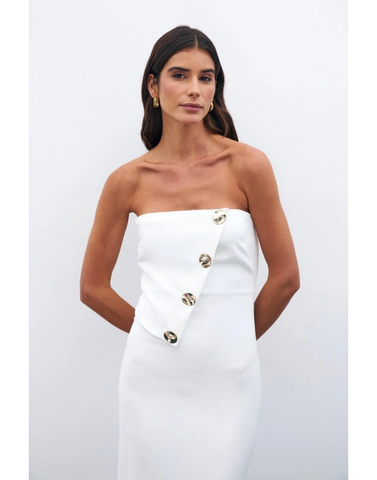 Düğme Aksesuarlı Straplez Elbise - Ekru