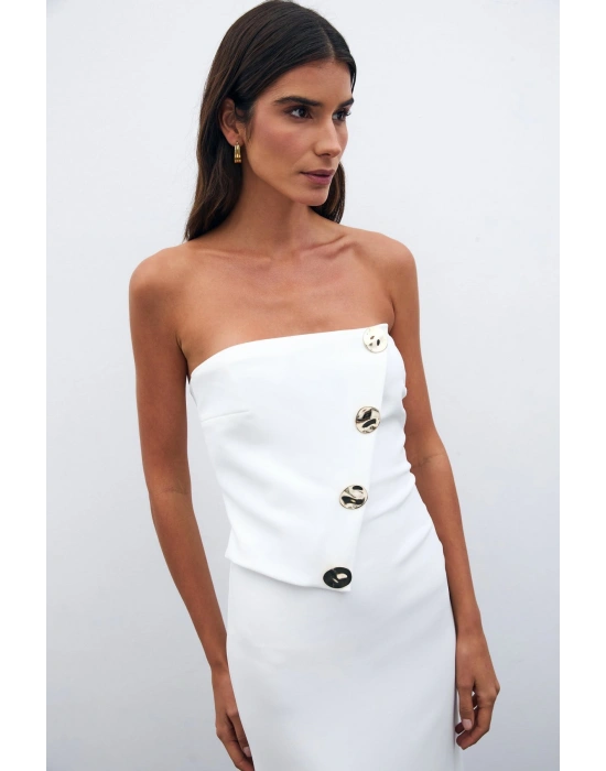 Düğme Aksesuarlı Straplez Elbise - Ekru