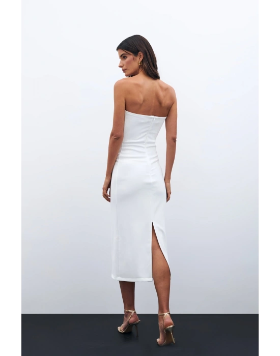 Düğme Aksesuarlı Straplez Elbise - Ekru