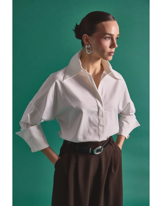 Düğme Detaylı Gömlek - Ekru