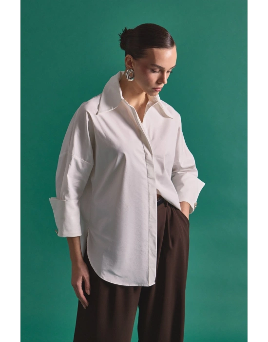 Düğme Detaylı Gömlek - Ekru