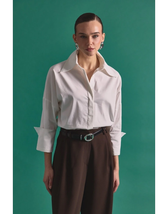 Düğme Detaylı Gömlek - Ekru