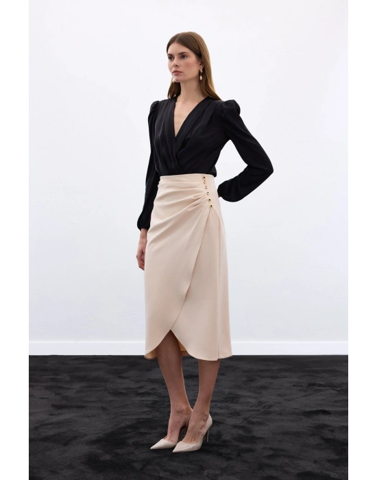 Düğme Detaylı Kalem Etek - Bej