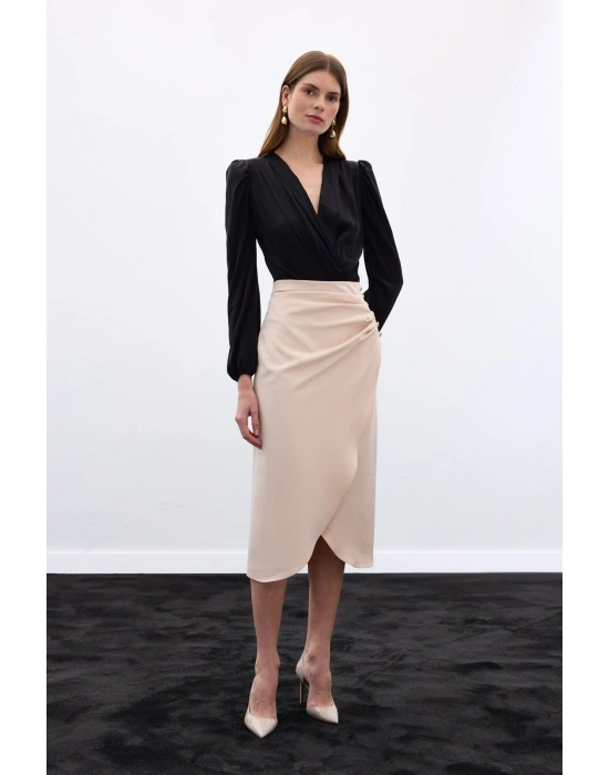 Düğme Detaylı Kalem Etek - Bej