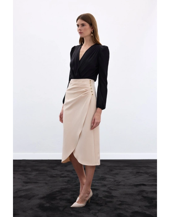Düğme Detaylı Kalem Etek - Bej