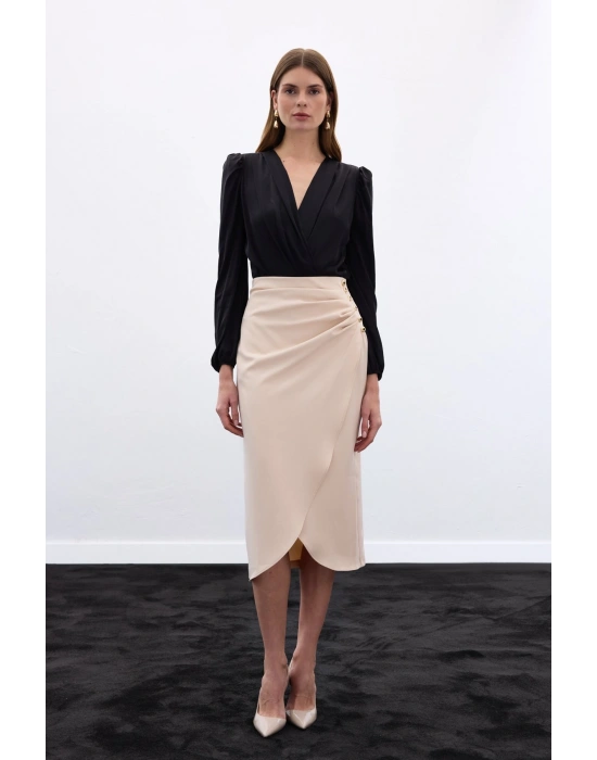 Düğme Detaylı Kalem Etek - Bej