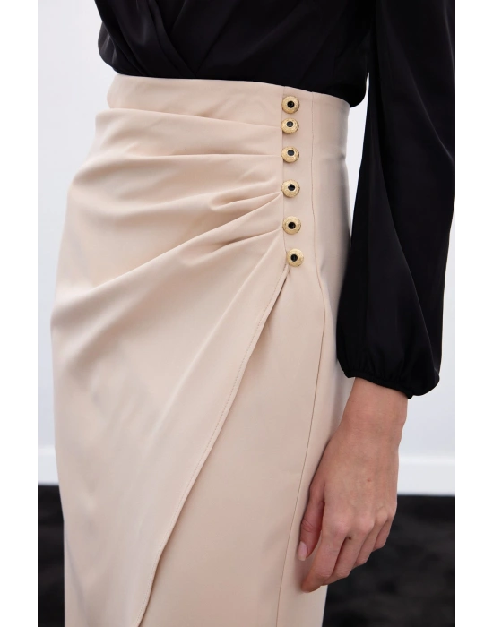 Düğme Detaylı Kalem Etek - Bej