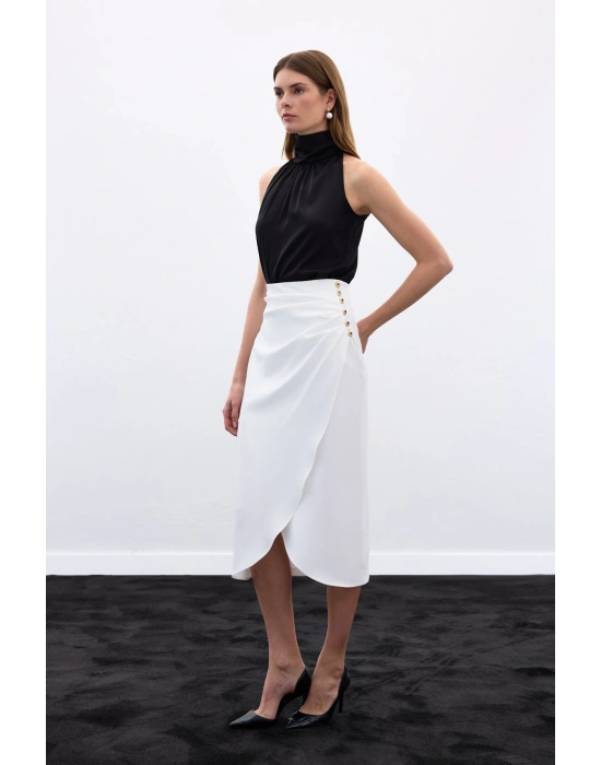 Düğme Detaylı Kalem Etek - Ekru