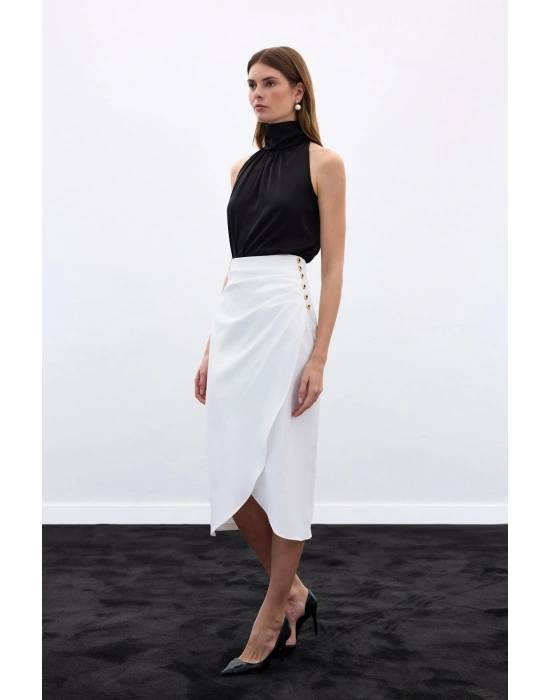 Düğme Detaylı Kalem Etek - Ekru