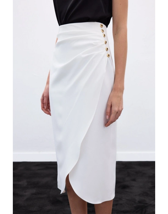 Düğme Detaylı Kalem Etek - Ekru