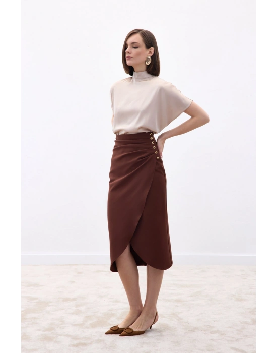 Düğme Detaylı Kalem Etek - Kahve