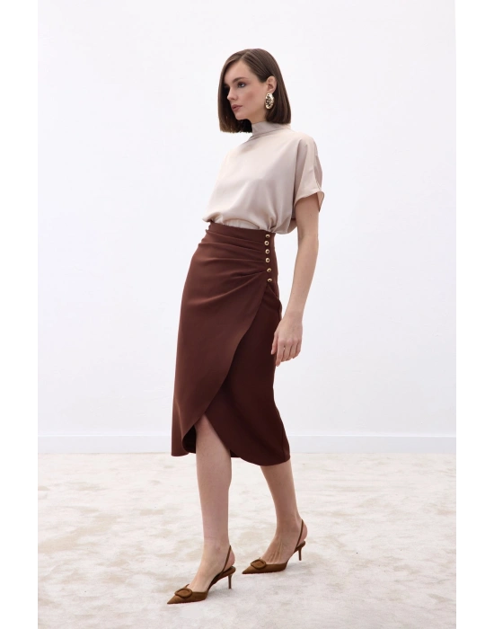 Düğme Detaylı Kalem Etek - Kahve