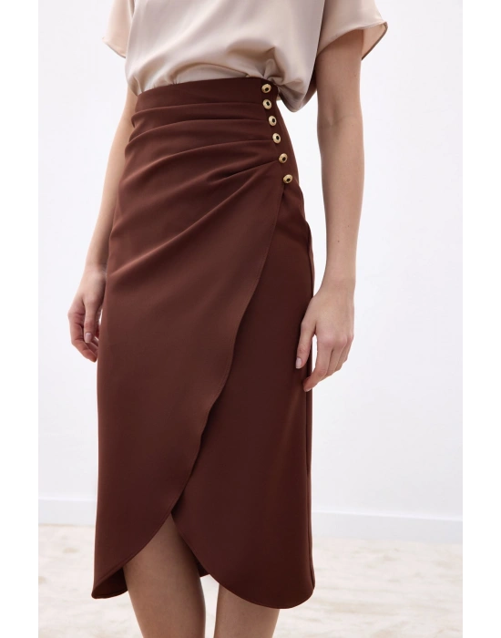 Düğme Detaylı Kalem Etek - Kahve
