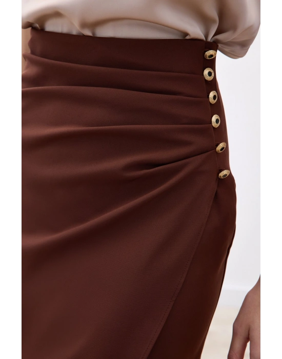Düğme Detaylı Kalem Etek - Kahve