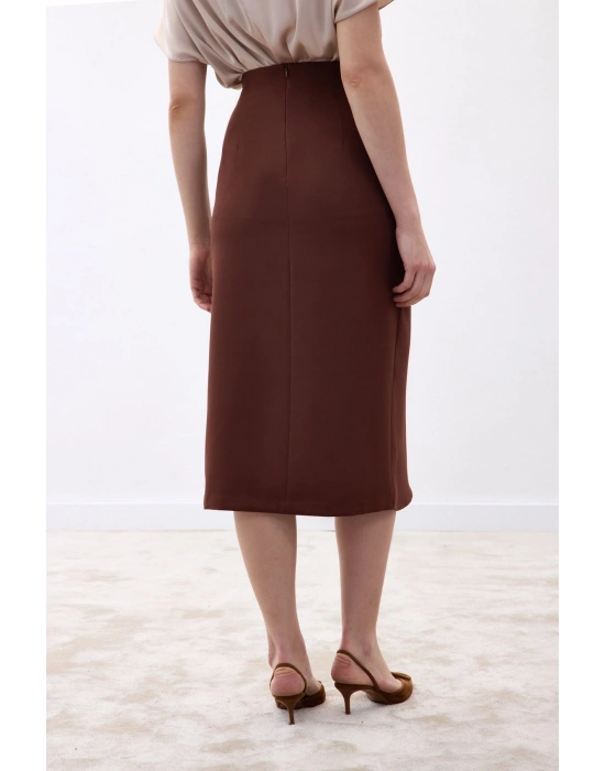 Düğme Detaylı Kalem Etek - Kahve