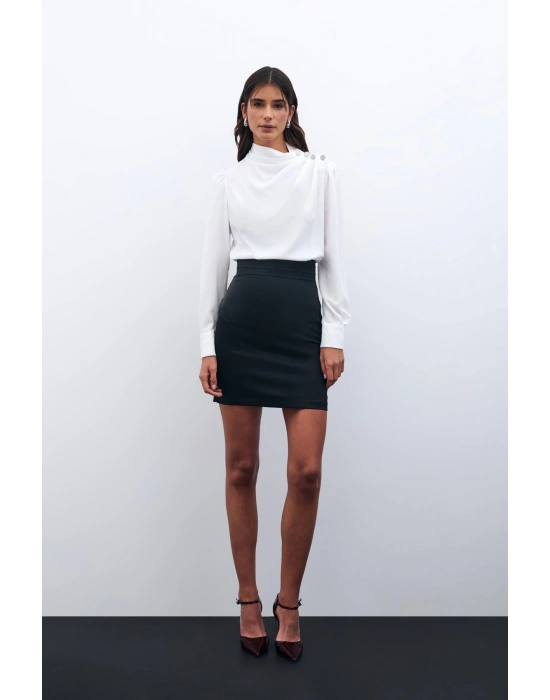 Düğmeleri Taş Detaylı Bluz - Ekru