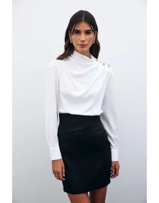 Düğmeleri Taş Detaylı Bluz - Ekru