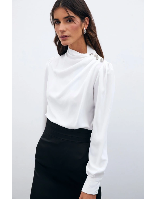 Düğmeleri Taş Detaylı Bluz - Ekru