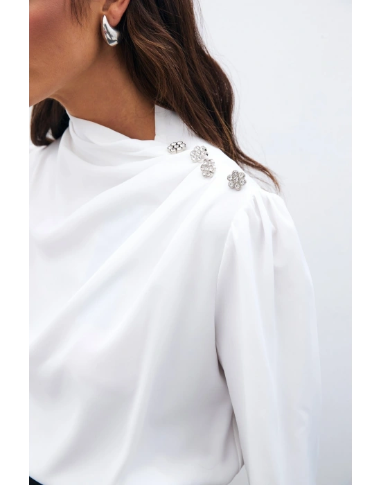 Düğmeleri Taş Detaylı Bluz - Ekru