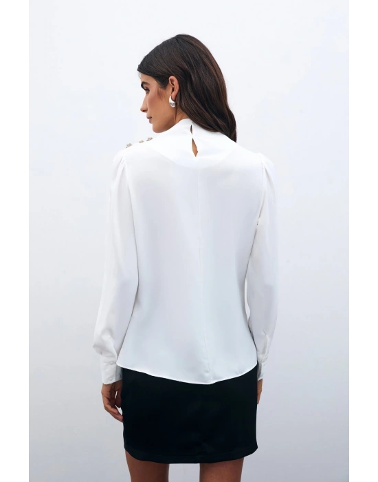 Düğmeleri Taş Detaylı Bluz - Ekru