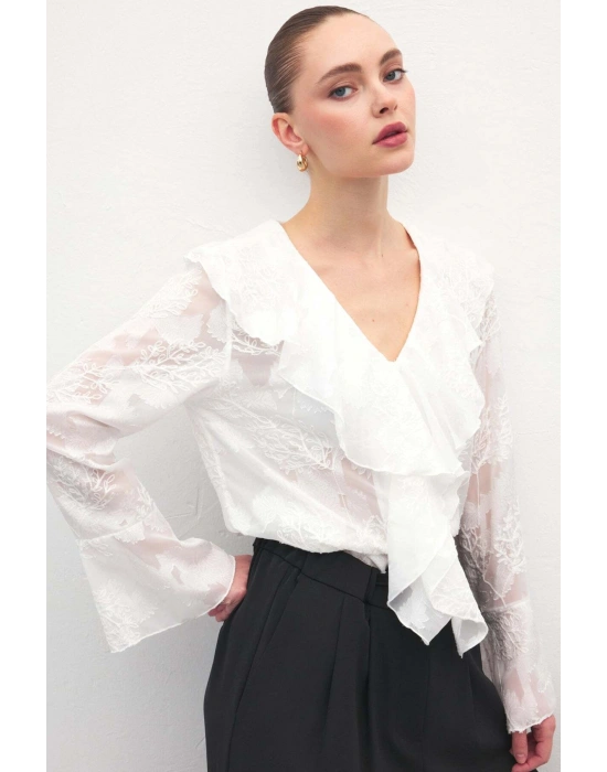 Fırfır Detaylı Nakışlı Gömlek - Ekru