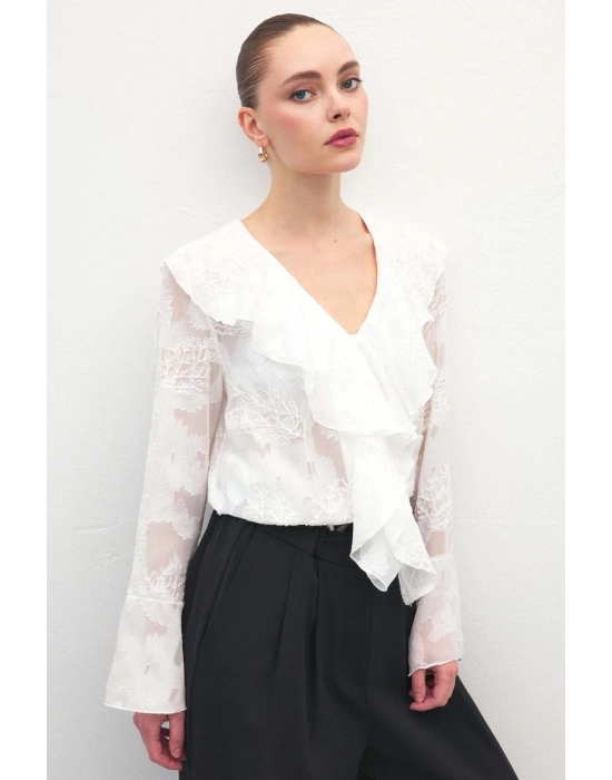 Fırfır Detaylı Nakışlı Gömlek - Ekru