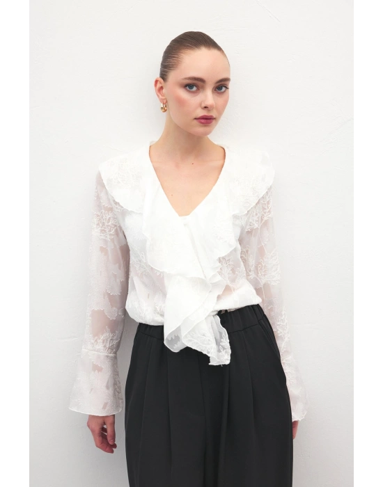 Fırfır Detaylı Nakışlı Gömlek - Ekru