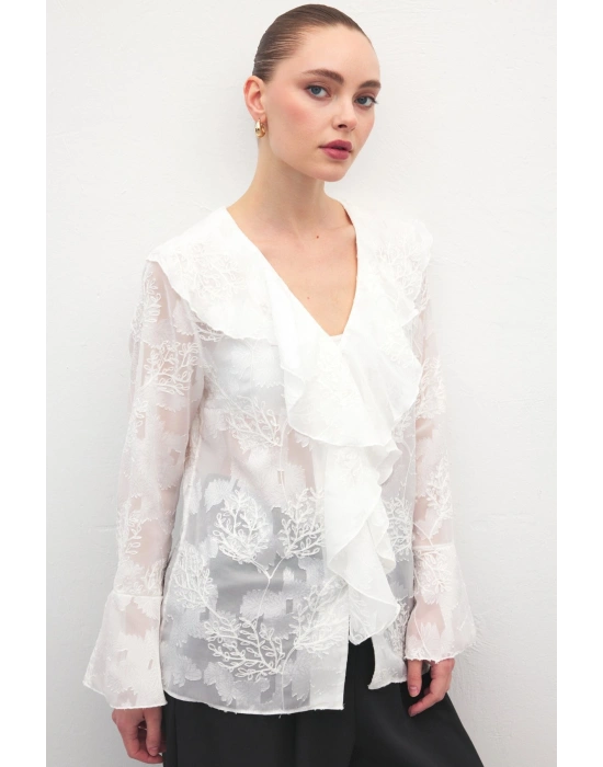 Fırfır Detaylı Nakışlı Gömlek - Ekru