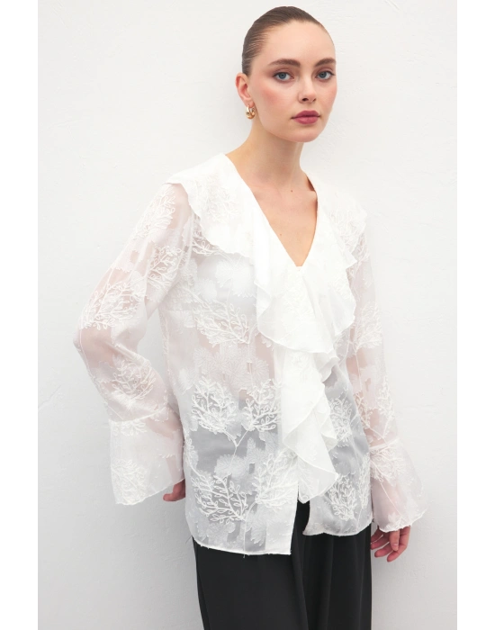 Fırfır Detaylı Nakışlı Gömlek - Ekru